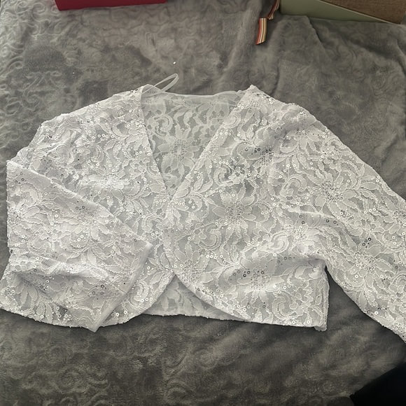 Lace Bolero Jacket White Sequins 3/4 Sleeves Lined - Picture 4 of 5
